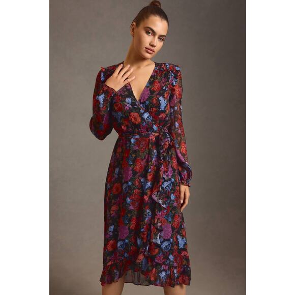 PAIGE Paulette Floral Silk Ruffle Wrap Midi Dress Small Anthro WornOnTV - Picture 1 of 6